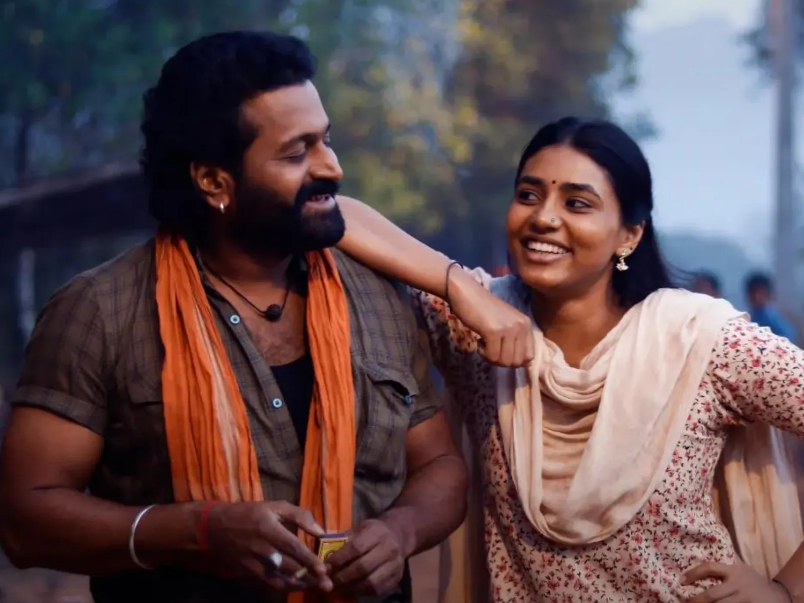 Rishab Shetty as Shiva with Sapthami Gowda in a scene from Kantara, set in a coastal Karnataka village