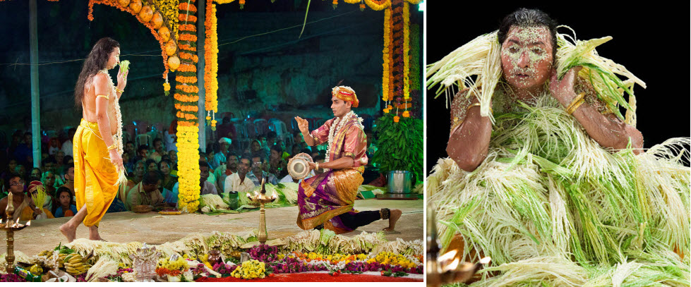 Scenes from a Naga Mandala ceremony, the costumed Naga Patri performers and the lamp-lit serpent Mandala at night