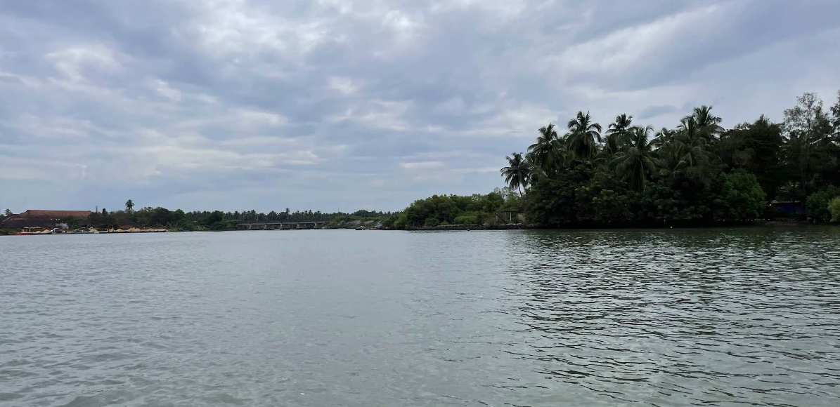 The broad Panchagangavalli estuary on an overcast day with a wooded river island and a distant bridge