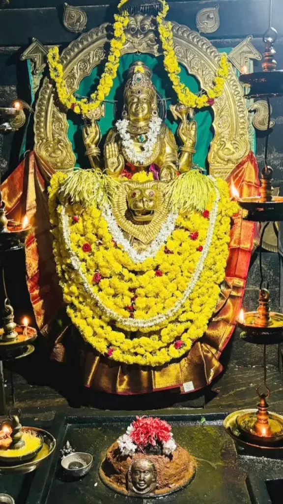 The golden idol of the Goddess on her arched throne, with a lion mask and a Shiva linga at her feet