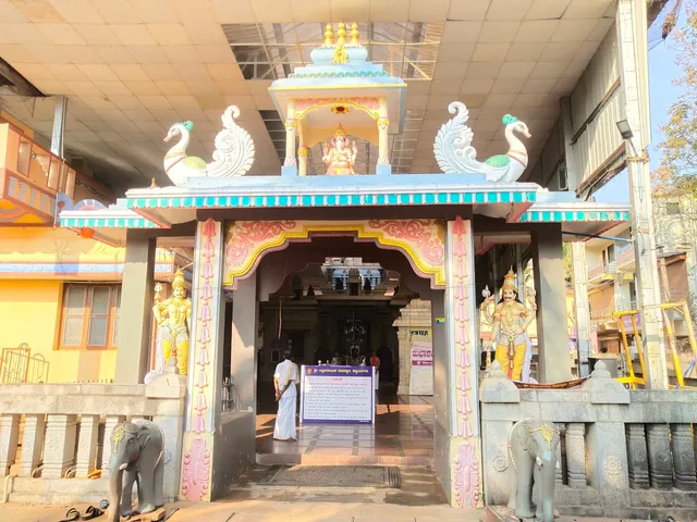 The decorated entrance gateway of the Siddhi Vinayaka temple at Hattiangadi with carved swans and guardian figures